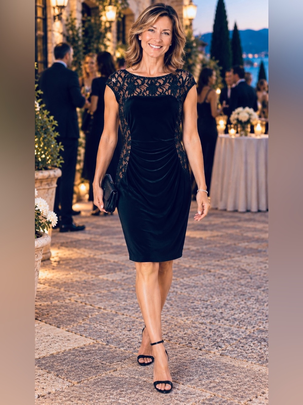 LAUREN RALPH LAUREN Dress 12 Lace Sequin Ruched Cocktail Sheath Navy Blue Lined